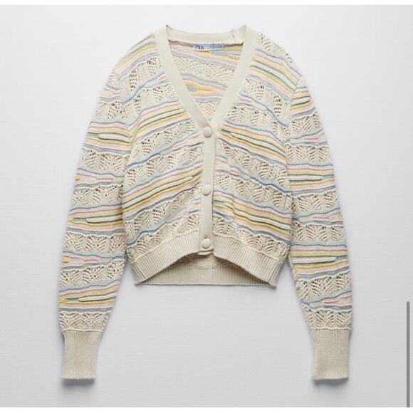 Zara Pastel Stripe Pointelle Knit Crochet Cardigan Sweater Mediuim - Picture 2 of 11